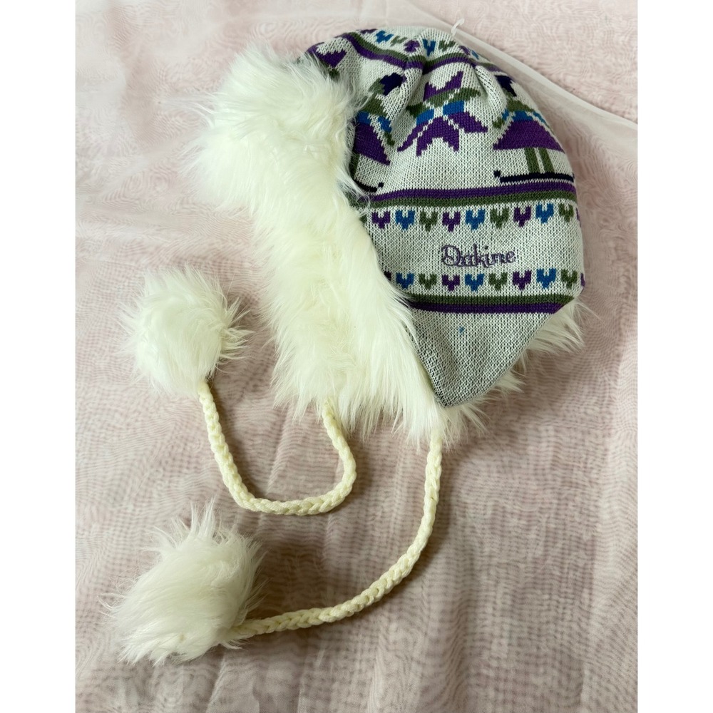 Dakine Trapper Hat Faux Fur Knit Nordic Skier Beanie White Purple One Size
